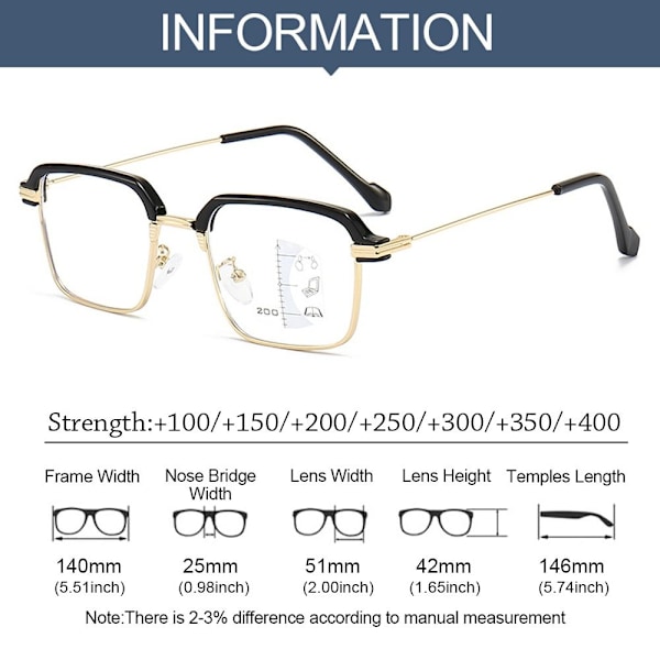 Anti-blått lys Lesebriller Firkantede Briller GULL STYRKE Gold Strength 200 Gold