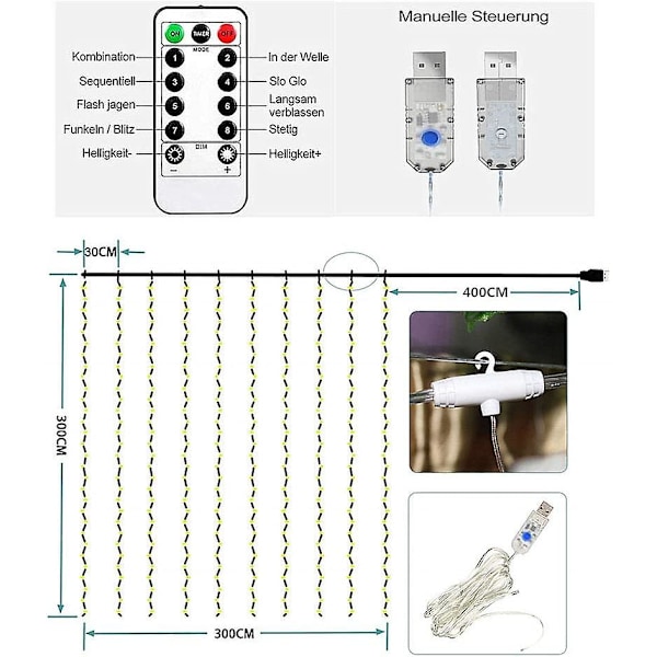 3x3m udendørs lysgardin, 300 LED USB gardinlys