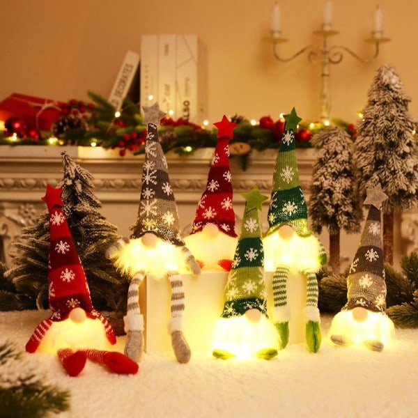 Tomte Dekoration, Lysende Tomte, Tomte Plyschdocka, LED Miniatyrfigurer Sæt af 3 til Soveværelse Pejs