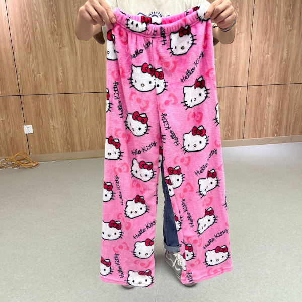 Hello Kitty Flanellpyjamas med tecknad figur Plysch förtjockad varm pyjamas för kvinnor Rosröd Rosröd XL