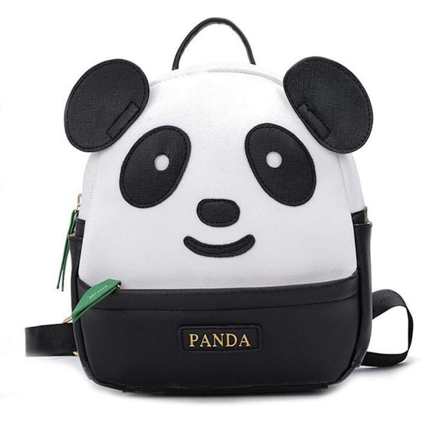 Sød Panda Mønster Rygsæk Kvinder Piger PU Læder Lille Casual Skulder Dagpakke Taske (Sort)