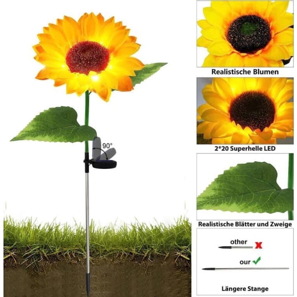 Sæt med 2 solcellelamper til udendørs dekoration Blomster Have - Vandtæt - Solsikke til terrasse, græsplæne [Energiklasse A++]