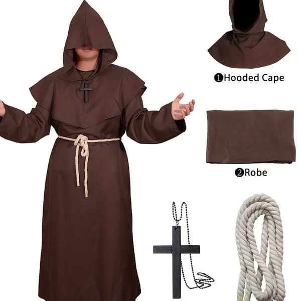 Munkkappa för män med huva, medeltida prästkappa i polyester med bälte M Dark Brown
