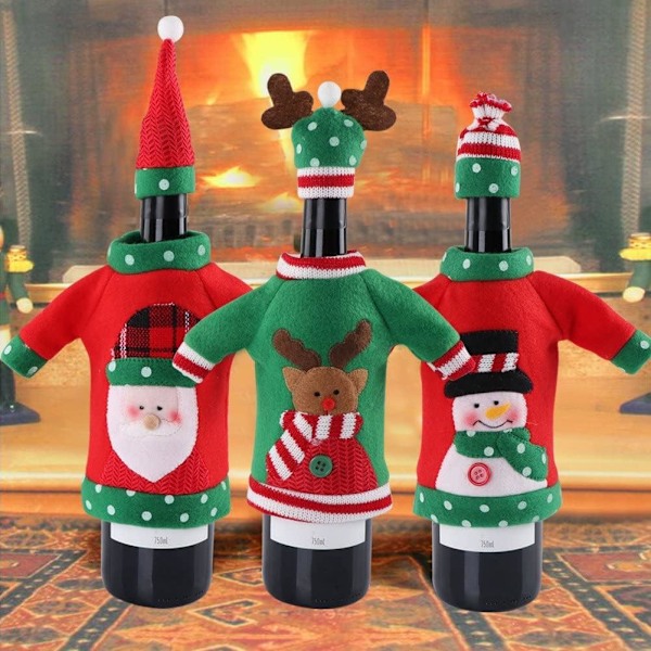 3 stk. Julevinflaskehætter, Håndlavede Grim Sweater Vin