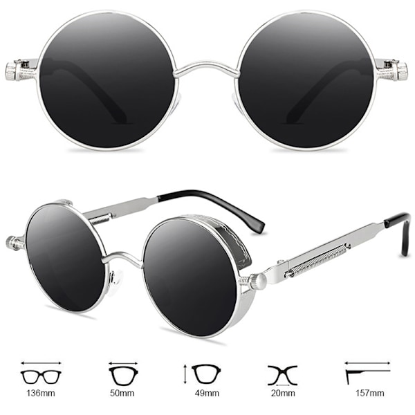 Pyöreät objektiivi aurinkolasit Fashion Circle Ozzy Hippie-lasit Hopeakehys Mustat Linssit 1 Pack Silver Frame Black Lenses