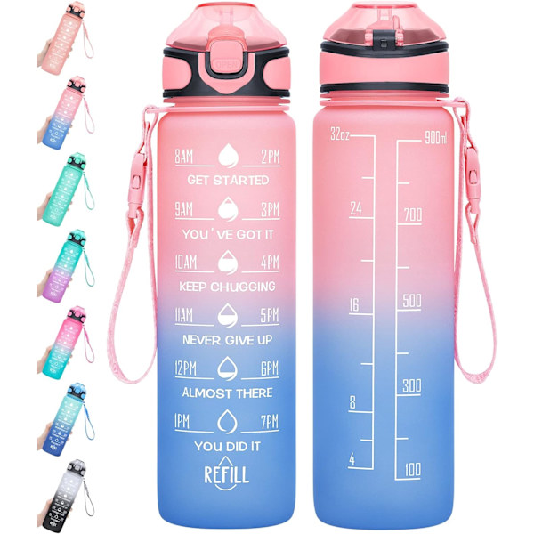 Vattenflaska 32oz med sugrör, Motiverande vattenflaska med tidsmarkör och spänne rem se till att du dricker tillräckligt med vatten för fitness, gym, camping