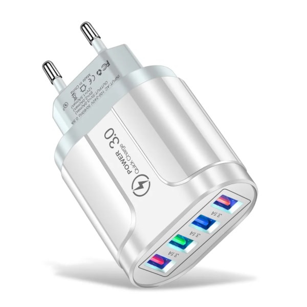 3.1A 4 portar USB reseladdare Snabbladdning QC 3.0 V?ggladdning för iPhone 14 13 Samsung Xiaomi Mobil EU-kontakt Laddningsadapter