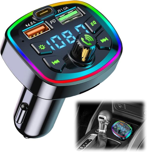 Bluetooth 5.0 bil FM-sender med håndfri opkald, 18W PD & QC3.0 USB-C oplader-FA-