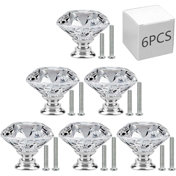 6 stk. skabsknopper, 30 mm skuffehåndtag Krystalglas diamantformede skabe Dørknopper til kommodeskuffer og køkken, badeværelsesskabe, kontor