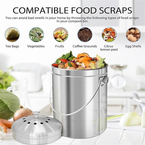 Compost Bin for Kitchen Countertop, 5 Liter Stainless Steel Indoor Compost Container with Lid, Odorless Food Waste Bin-FA-