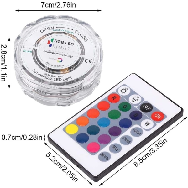 Neddykbare 10 LED-lys, RGB flerfarget vanntette
