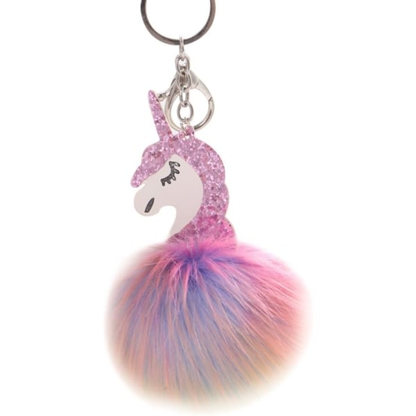 Söt Pom Pom Fluffy Unicorn Nyckelring Metall Konstgjord Hårboll