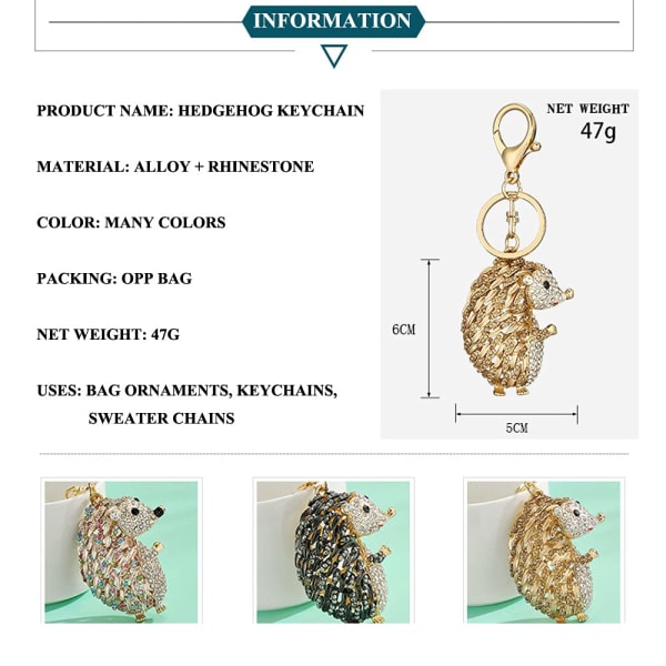 Glittrande Hedgehog Rhinestone nyckelring, bedårande guld djurnyckel
