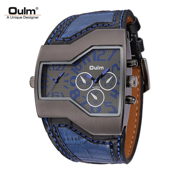 Oulm Klokker Toppmærke Luksus Militær Quartz Ur Unik Multipel Tidszone Lærarmbånd Herrearmbåndsur Relogio Masculino Blue