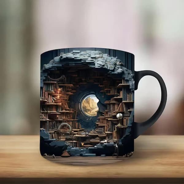 3D-kirjahyllymuki - Luova tiladesign kirjan ystäville - Monikäyttöinen keramiikkamuki (11oz, väri: A) E