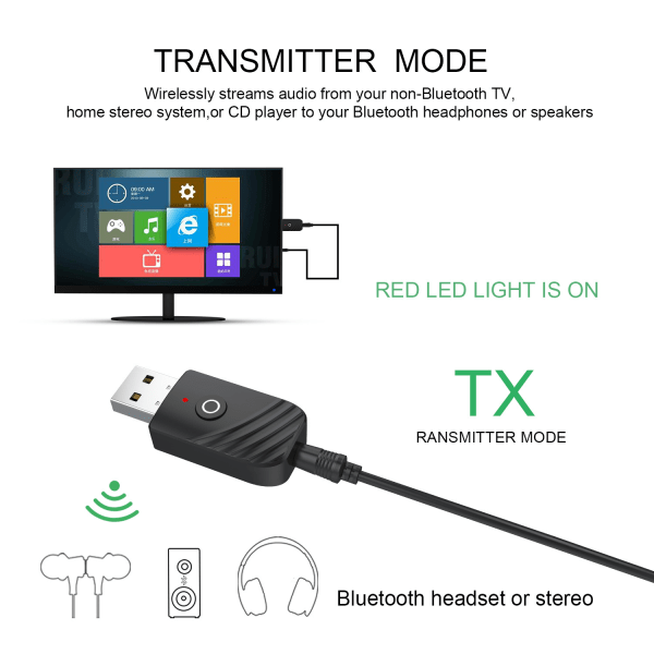 Bluetooth USB-adapter, 5.0 trådløs 3-i-1 USB-sender