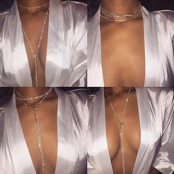 Boho Rhinestone Kroppskedja Guld Kristall Långt hänge Halsband Bröstkedja Nattklubb Kroppstillbehör