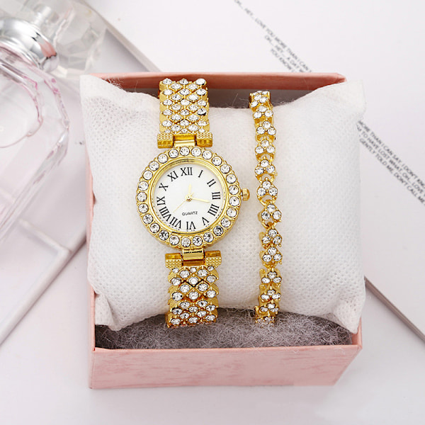 Lyxig klocka för kvinnor Stålarmband Kärleksbälte Rhinestone Quartz Klocka Mode (guld)