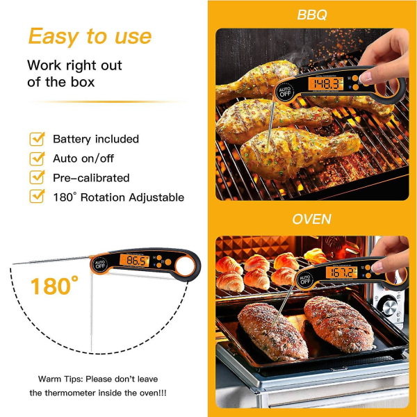 Uppladdningsbar LED-kötttermometer - Digital kötttermometer för omedelbar avläsning i köket med magnet för Co