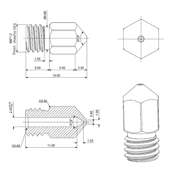 25 stk. 0,4MM Ender 3 dyse MK8 3D-printer ekstruderdyse