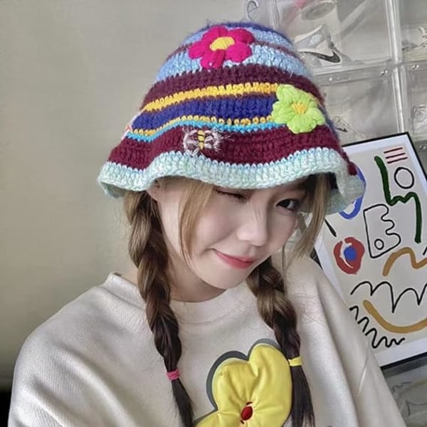 Kvinner Strikket Lue Cap Boho Strikk Bucket Hatter Håndlagde Cloche Heklet Hatter color