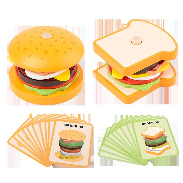 Leketøysett i tre med hamburger og sandwich for barn -FA-