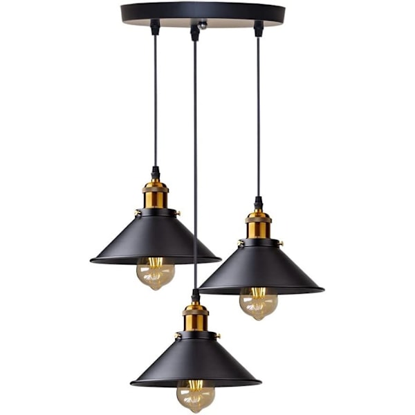 3-lampinen riippuvalaisin retro-teollinen kattovalaisin design Edison metallikruunu riippuva pyöreällä levyllä, Ø 22cm, musta
