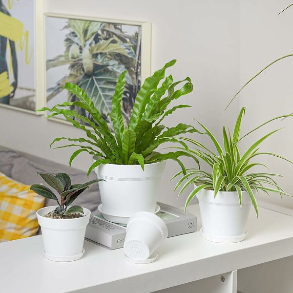 Set med 6 vita plastkrukor med ventilationsbevattningssystem för balkong utomhus inomhusträdgård