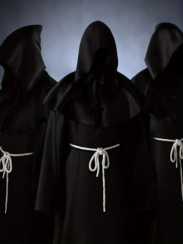 Hætteklædt middelalderlig præstekappe til mænd, polyester festkappe med bælte XL Black