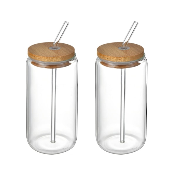 2 st Dricksglas med Bambulock och Sugrör, Ölburksglas Tumbler Glas Iskaffekopp för Mjölk Kaffe Isvatten Cocktail 380ml-XS1-