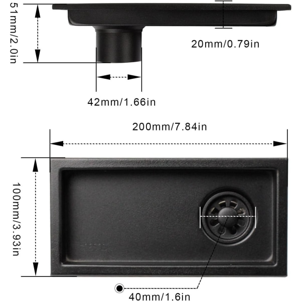 Rektangulär golvbrunn, 20×10cm Svart ROSTFRITT STÅL Förlängd Flo