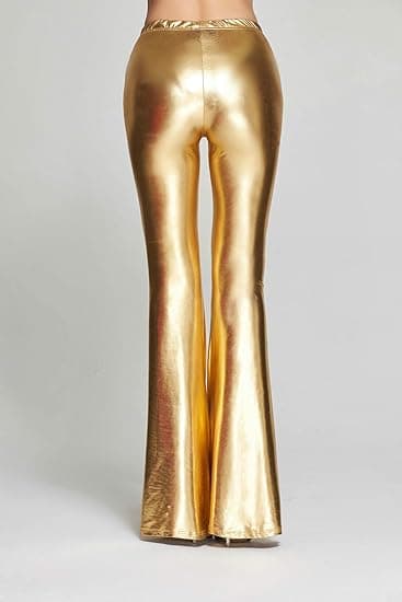 Dam Glänsande Metalliska Paljett Hög Midja Stretchiga Utsvängda Byxor Guld-FA- Gold L