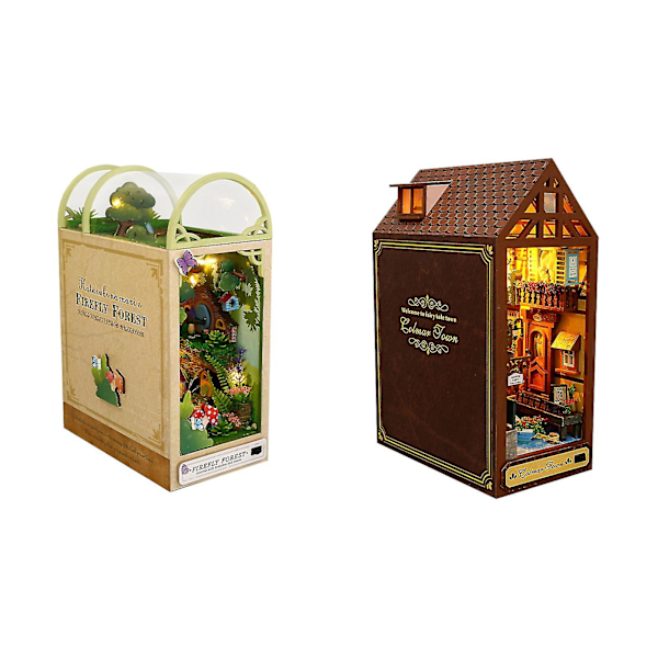Bokhjørne Miniatyr Dukkehus Kit, DIY 3D Trepuslespill Bokstøtte For Bokhylle Innlegg Dekor Med LED-Lys, Kits Håndverk For Tenåringer Voksne