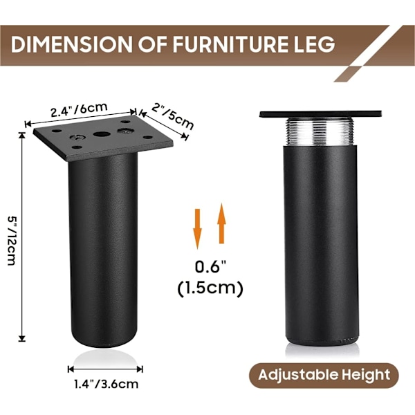 4 stk (sort, 12 cm) Justerbare møbelben Metal sofa ben Aluminiumlegering Sofa fodstøtte Fødder Møbeludskiftningsben