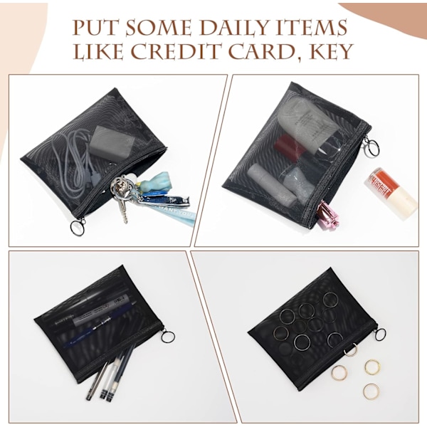 4 stycken Mini dragkedja Toalettväska Organiseringspåse i mesh, svart nylon Vattentät liten handväska Kosmetik