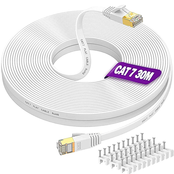 30 m pitkä Ethernet-kaapeli, Cat 7 nopea litteä verkkokaapeli 30 metriä verkkokaapeli Valkoinen 10gbps 600mhz Rj45-kaapeli 100ft suojattu