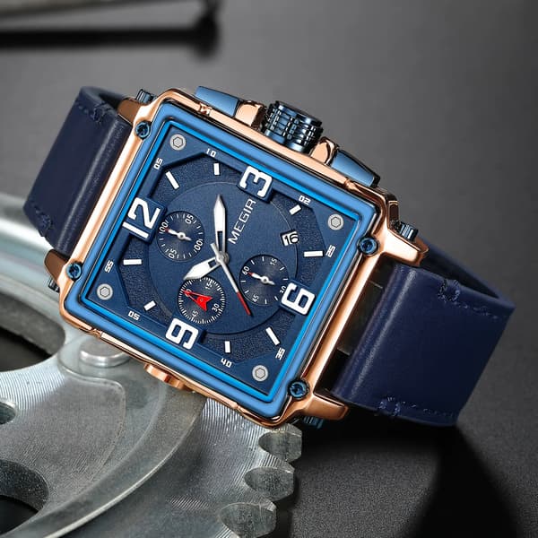 Herreur - Vandtæt Læder Quartz Ur - Lysende Kronograf - Dato Kalender RoseBlue