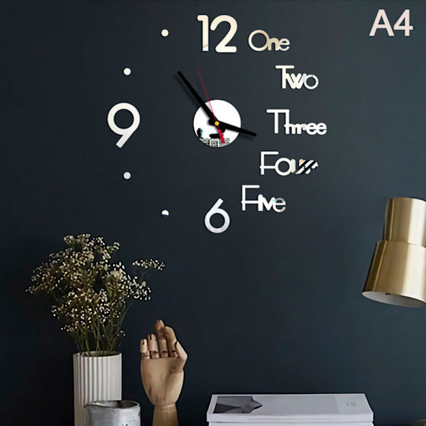 3D-spegelväggklocka Modern design Kreativ akrylkvartsvägg Silver