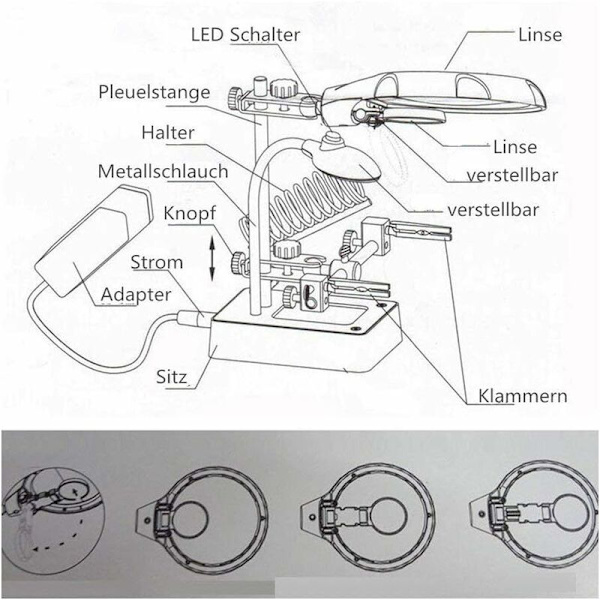 Tredje hand lödstation 5LEDs förstoringsglas 2.5X/7.5X/10