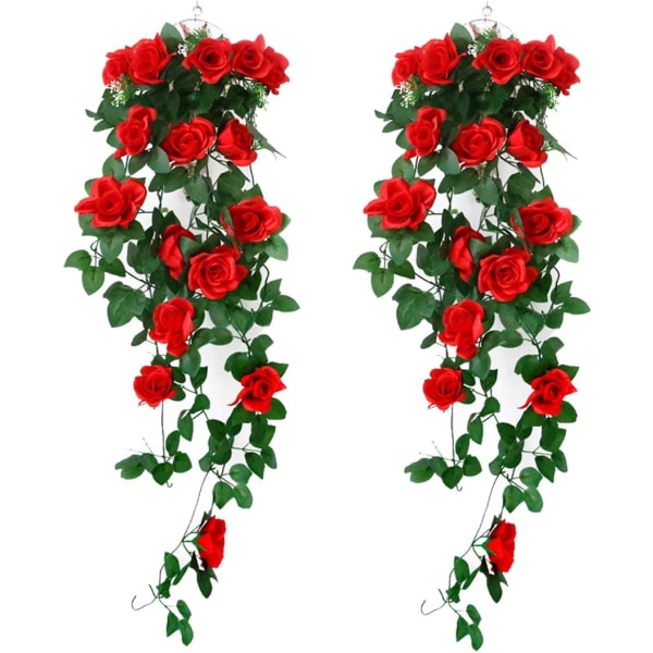 2 stk kunstige hengende planter - Faux silke rosa blomster hengende krans rotting eføy vinstokker for bryllupsfest dekorasjon Hagevegg
