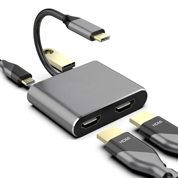 USB-C til HDMI Adapter, 2xUSB3.0/USB 3.1 med PD, grå
