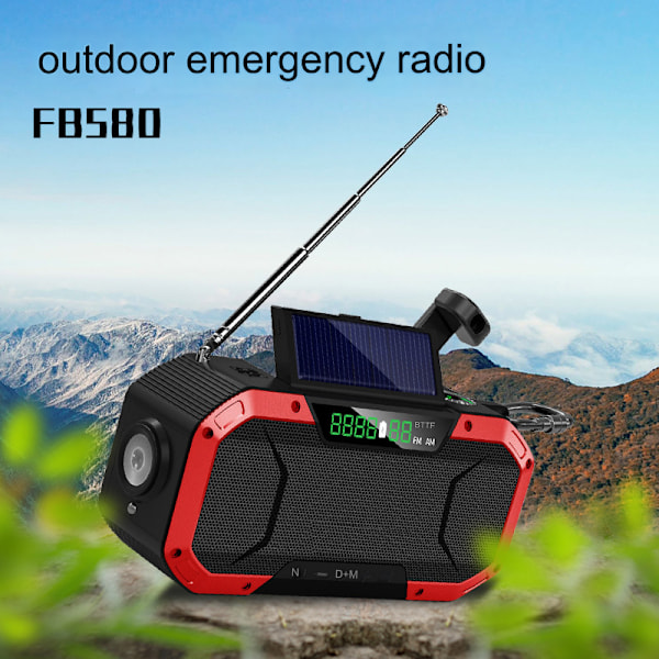 Vevradio med solceller ficklampa och 5000mAh powerbank SOS FB580-Red