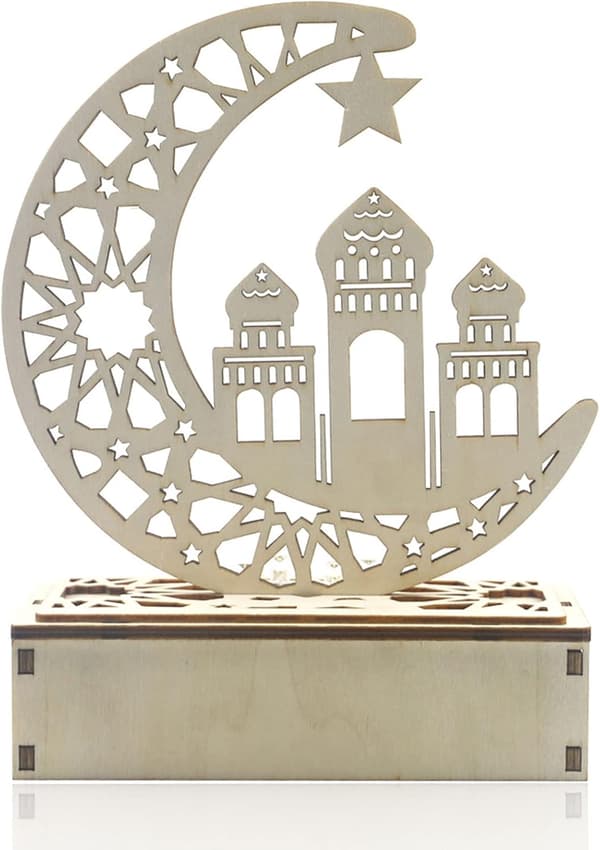 Træ LED lampe Ramadan dekoration Halvmåne stjerne lys Muslimsk Islam Eid-FA-