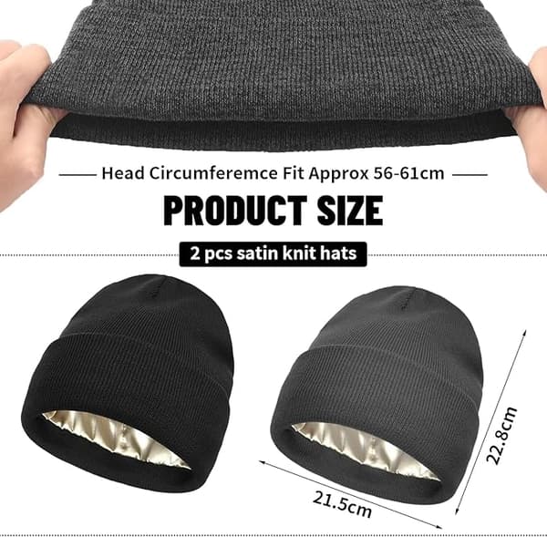 Unisex mössa 2-pack, vinterstickad mössa med satinsilkesfoder, mjuk varm mössa med vikt brätte för män och kvinnor-FA-