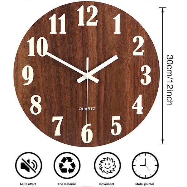 30cm/12 tum Ljus Väggklocka Trä Design Klocka med Natt