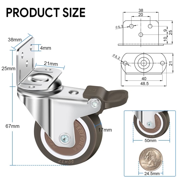 4 kpl. pyöriviä pyöriä 50 mm, 100 kg huonekalupyörät, L-tyyppi Fu