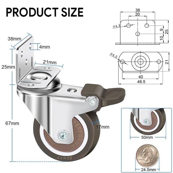 Sett med 4 svingbare hjul 50 mm, 100 kg møbelhjul, L-type Fu-FA-