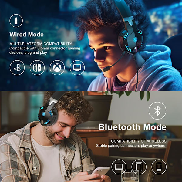 PS4 Pelikuulokkeet PS5:lle, PC:lle, Switchille, G2000 Pro Bluetooth Langattomat Kuulokkeet Puhelimelle, Kannettavalle Tietokoneelle, Irrotettavalla Melunvaimennusmikrofonilla, Ste Blue