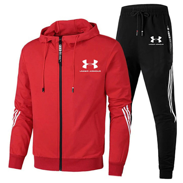 Mænd Under Armour Sport Hættetrøje & Bukser Sæt Langærmet Fuld Lynlås Hoodie Sweatshirt Jakke + Joggingbukser Træningssæt Rød Red XL