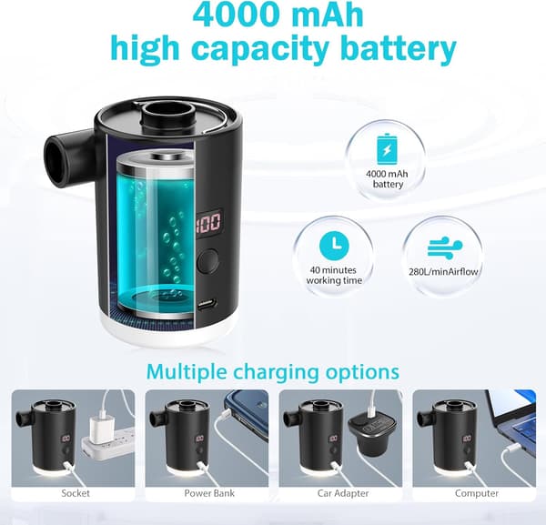 2025 Seneste Model Bærbar Luftpumpe til Oppustelige Ting, Mini Luftmadraspumpe med Campinglampe LED-Display, USB Genopladelig Luftpumpe-FA-